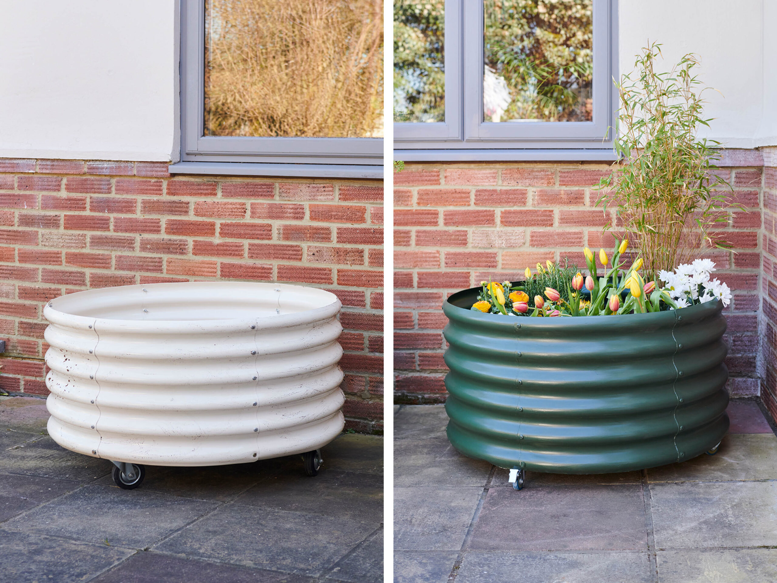A before and after image of a metal planter. The before image is painted white and the after image is painted Chrome Green. 